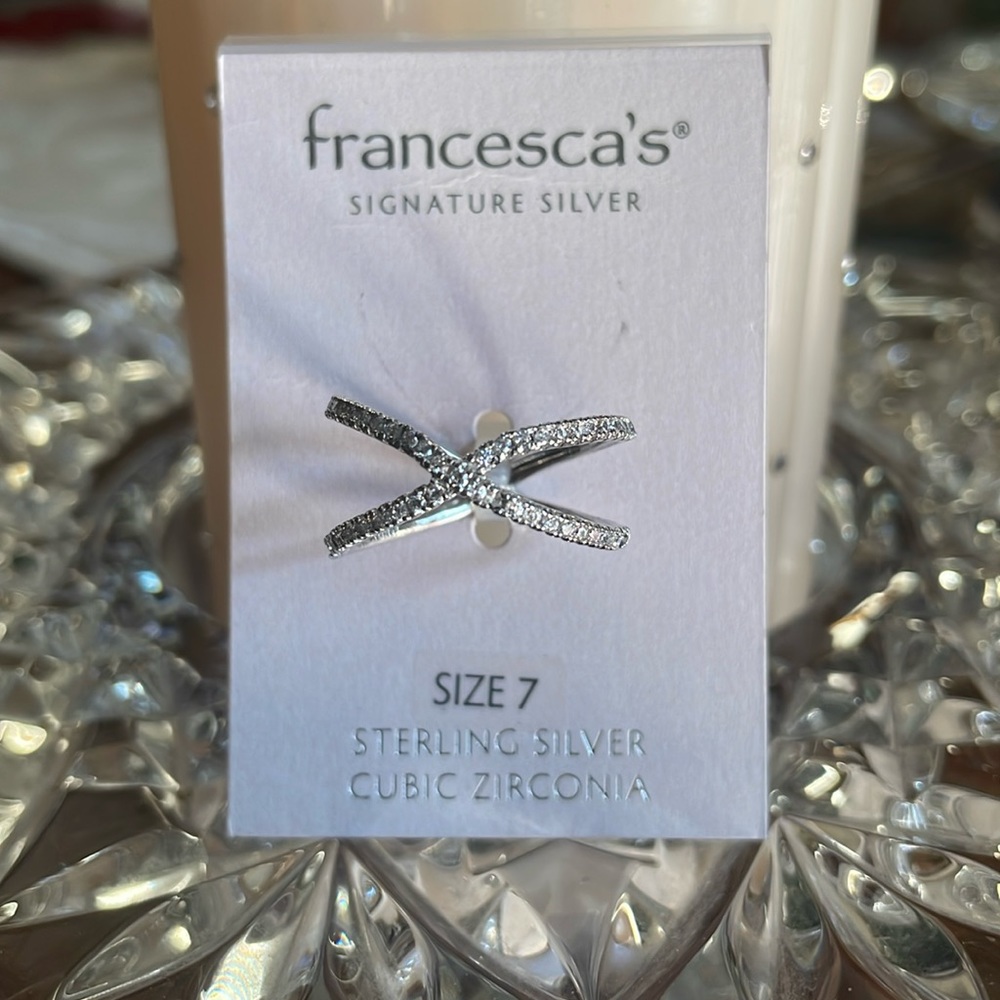 Francesca’s X Shaped Signature Silver Ring Size 7 Sterling Silver Cubic Zirconia